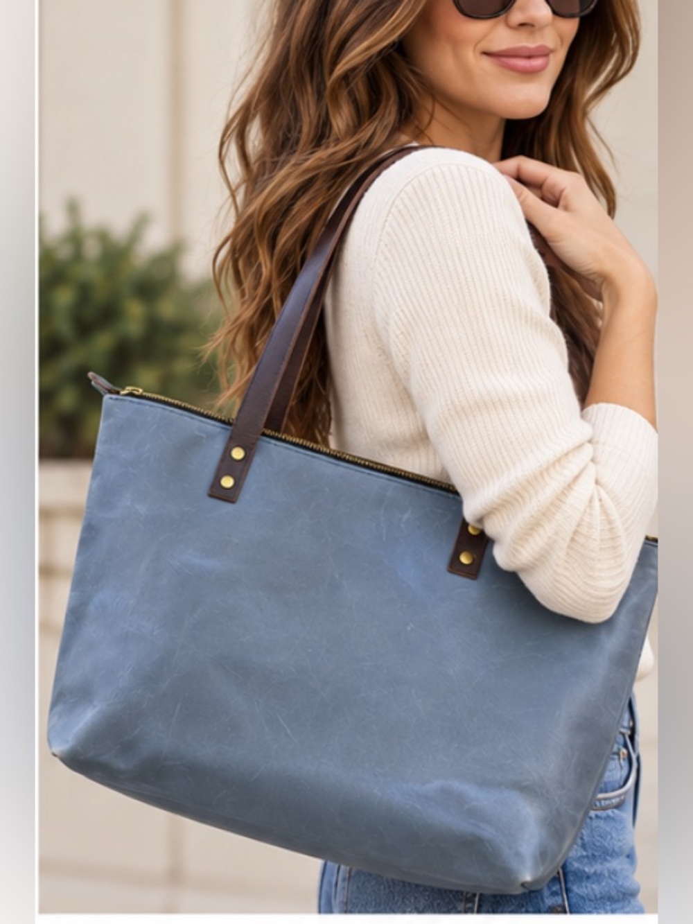 Portland Leather Goods Large Zipper Tote featuring a blue-grey leather